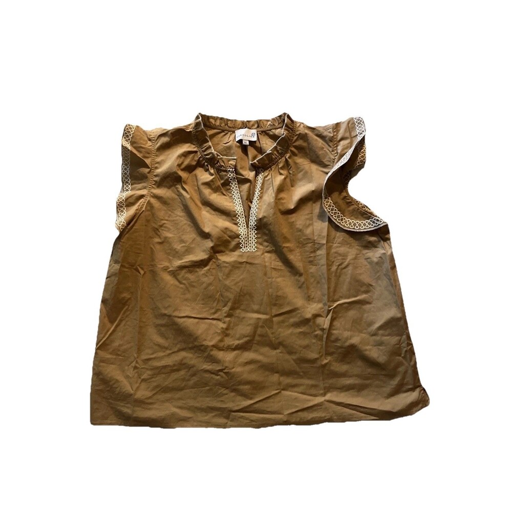 Cartolina Nantucket Mae Top – XL Tan Embroidered Flutter Sleeve Boho Blouse